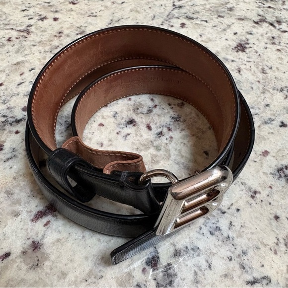 BALLY Black Leather Skinny Belt Gold B Buckle EU 95 / US 38 Designer - Picture 3 of 11